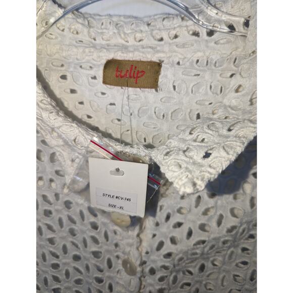 Tulip Mimi White Eyelet Button Front Swing Top Jacket Pockets Sheer Size XL NWT - Picture 4 of 12